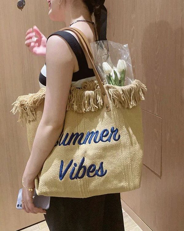 Casual Khaki Tassel Letter Embroidery Canvas Tote Handbag