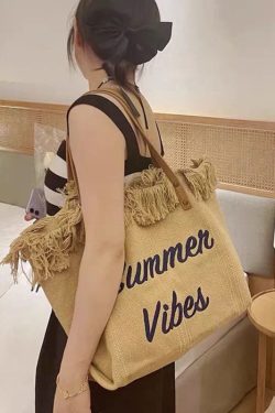 Casual Khaki Tassel Letter Embroidery Canvas Tote Handbag
