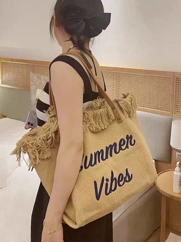 Casual Khaki Tassel Letter Embroidery Canvas Tote Handbag