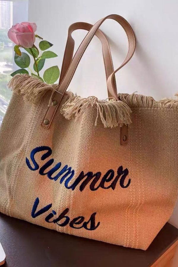 Casual Khaki Tassel Letter Embroidery Canvas Tote Handbag