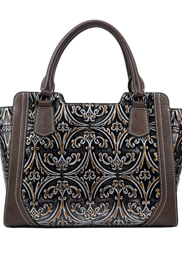 Casual Large Capacity Silver Embossed Calf Leather Tote Handbag