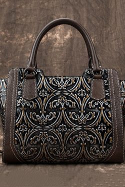 Casual Large Capacity Silver Embossed Calf Leather Tote Handbag