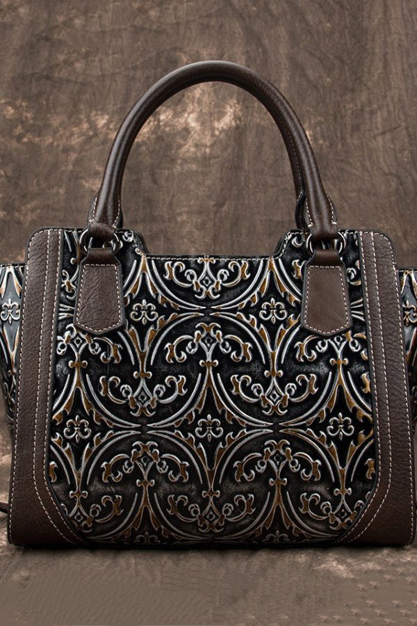 Casual Large Capacity Silver Embossed Calf Leather Tote Handbag