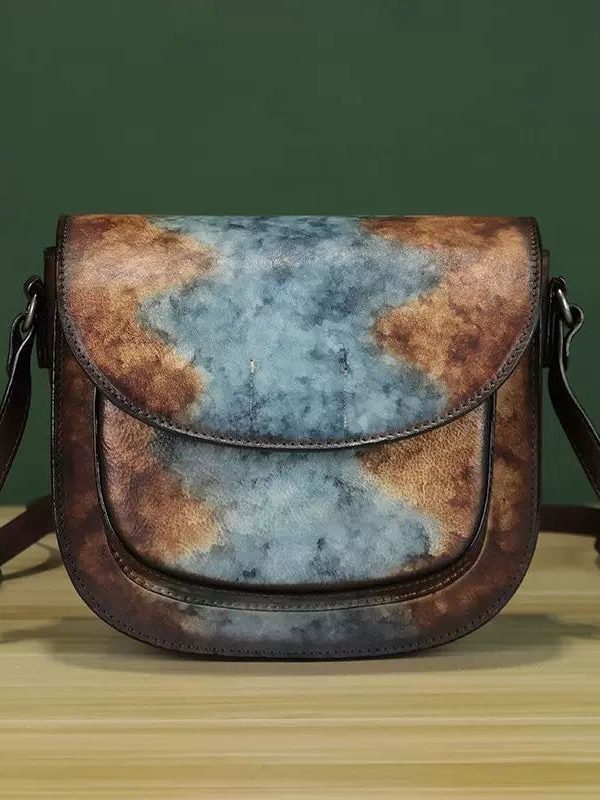Casual Multicolour Orange Tie Dye Calf Leather Satchel Handbag