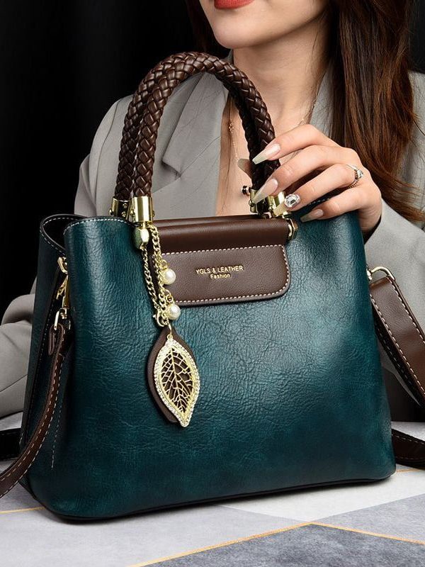 Casual Peacock Blue Large Capacity Leather Women Tote Handbag