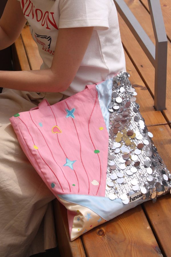 Casual Pink Embroideried Sequins Cotton Satchel Handbag