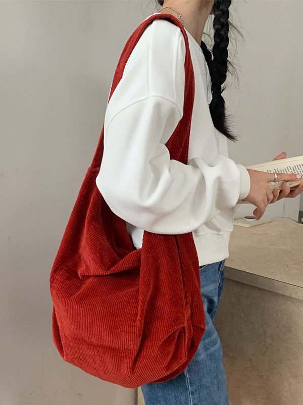 Casual Red Large Capacity Corduroy Satchel Bag Handbag