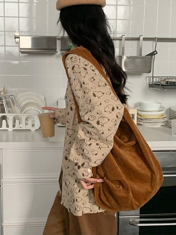 Casual Red Large Capacity Corduroy Satchel Bag Handbag