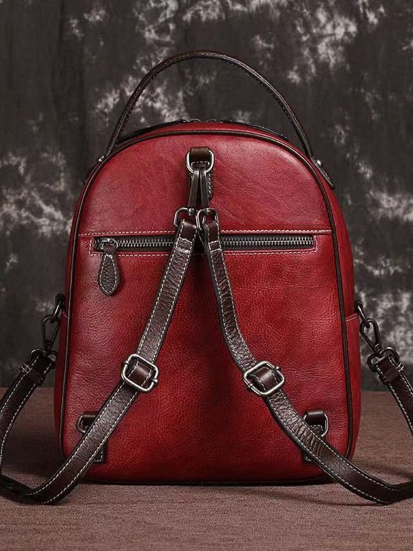 Casual Red Large Capacity Durable Calf Leather Backpack Bag