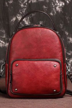 Casual Red Large Capacity Durable Calf Leather Backpack Bag