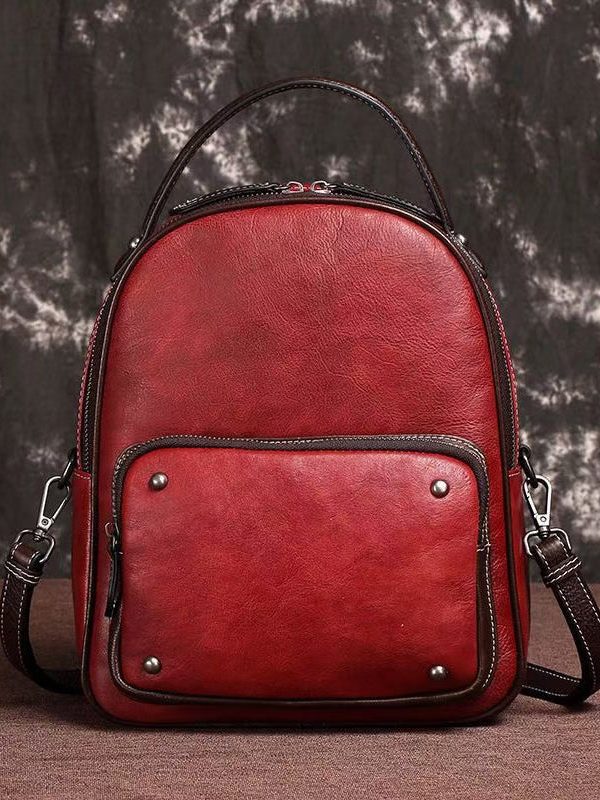 Casual Red Large Capacity Durable Calf Leather Backpack Bag
