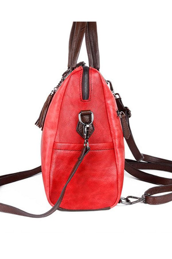 Casual Red zippered Paitings Calf Leather Backpack Bag