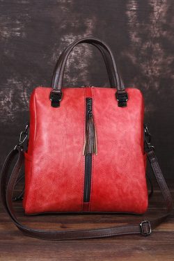 Casual Red zippered Paitings Calf Leather Backpack Bag