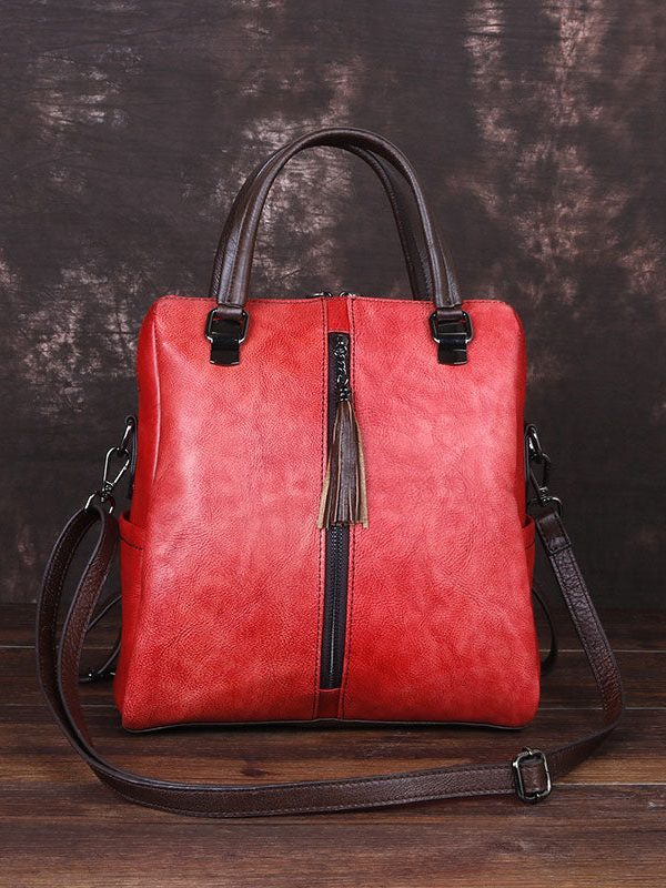 Casual Red zippered Paitings Calf Leather Backpack Bag