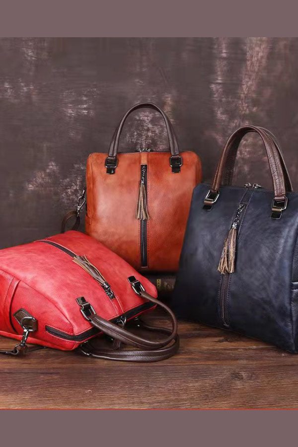 Casual Red zippered Paitings Calf Leather Backpack Bag