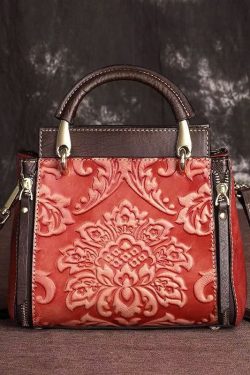 Casual Retro Red Embossed Calf Leather Tote Handbag