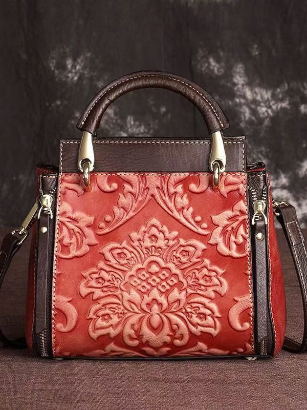 Casual Retro Red Embossed Calf Leather Tote Handbag