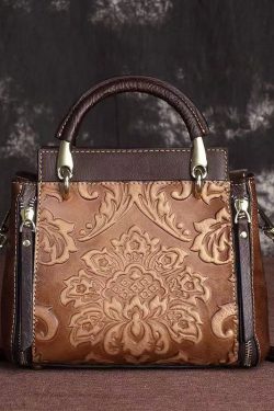 Casual Retro Red Embossed Calf Leather Tote Handbag