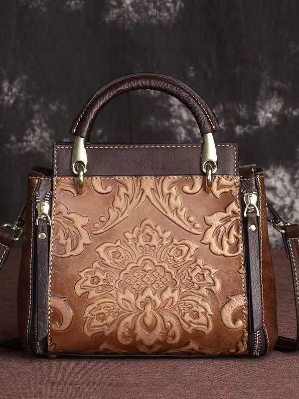 Casual Retro Red Embossed Calf Leather Tote Handbag