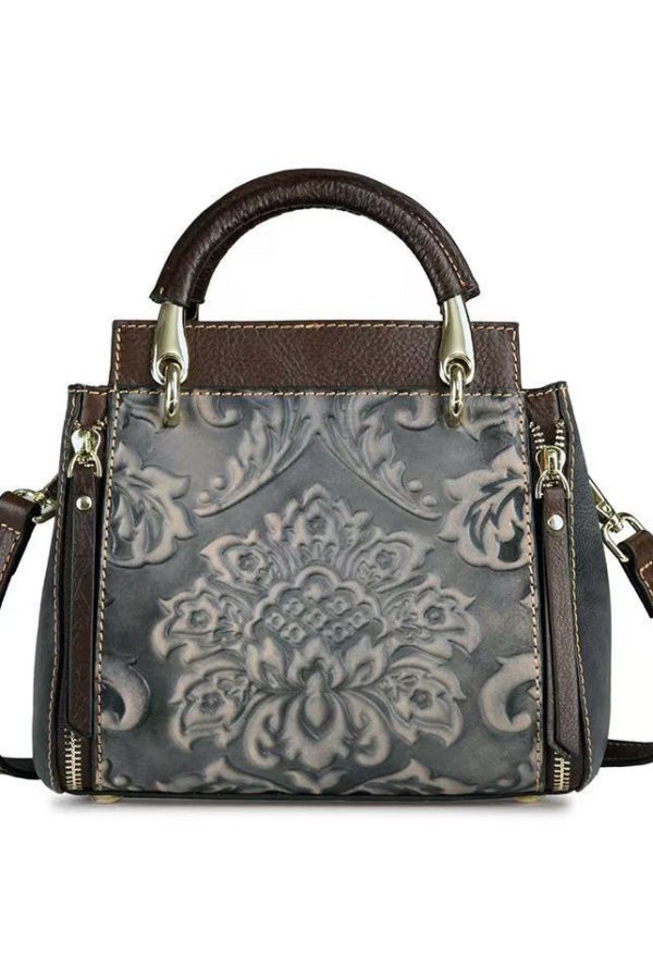 Casual Retro Red Embossed Calf Leather Tote Handbag