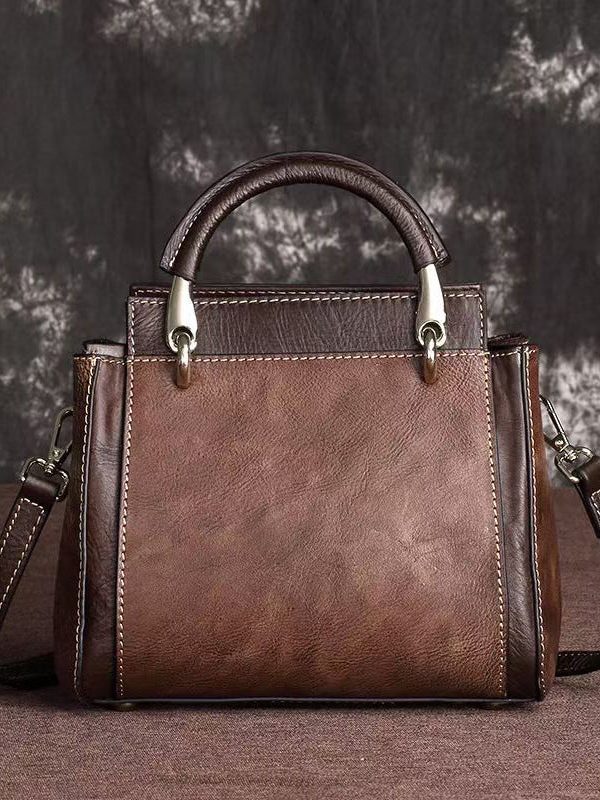 Casual Retro Red Embossed Calf Leather Tote Handbag