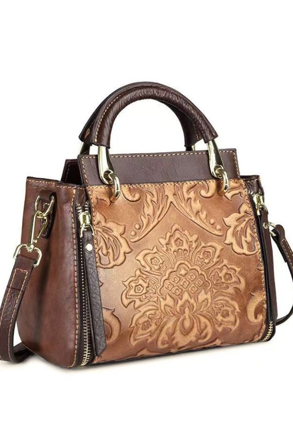 Casual Retro Red Embossed Calf Leather Tote Handbag