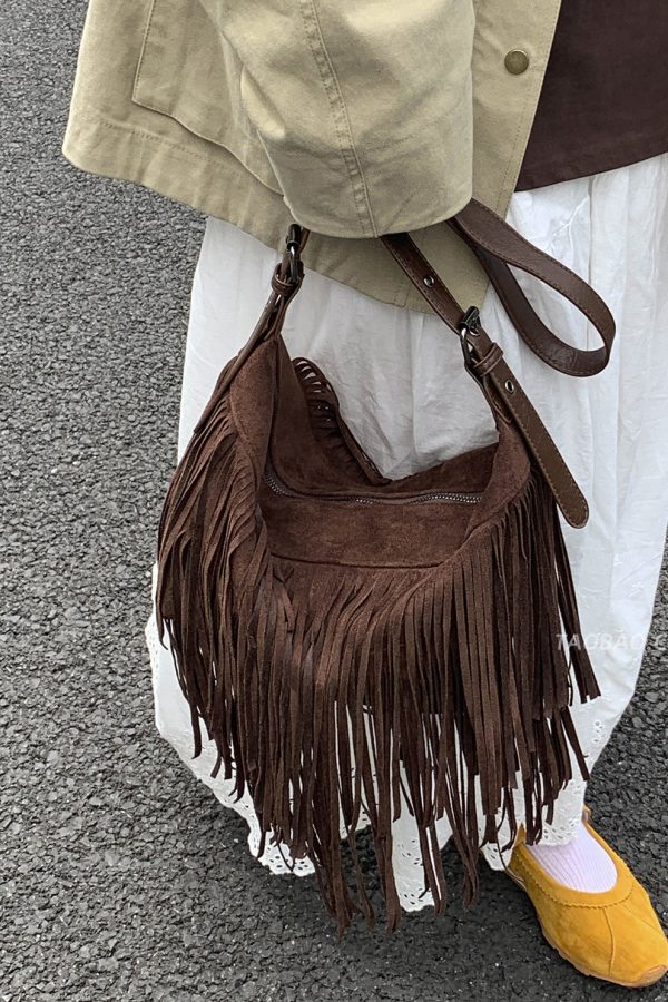 Casual Versatile Coffee Tassel Suede Crossbody Bag