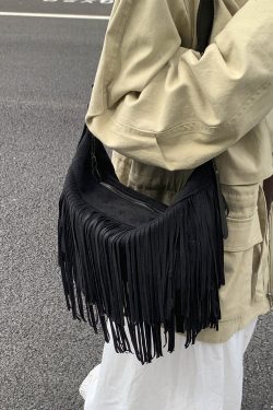 Casual Versatile Coffee Tassel Suede Crossbody Bag