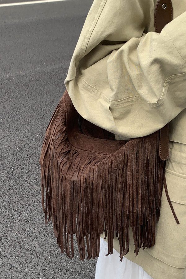 Casual Versatile Coffee Tassel Suede Crossbody Bag