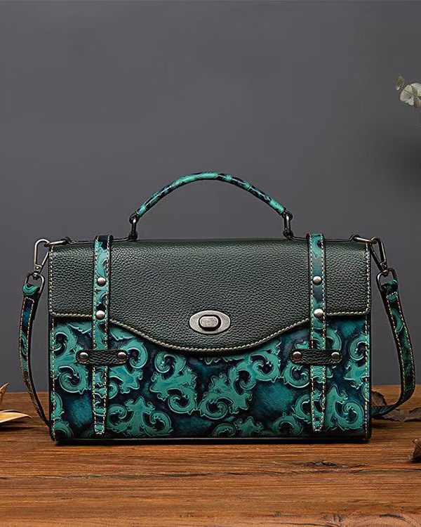 Casual Vintage Green Embossed Calf Leather Messenger Bag