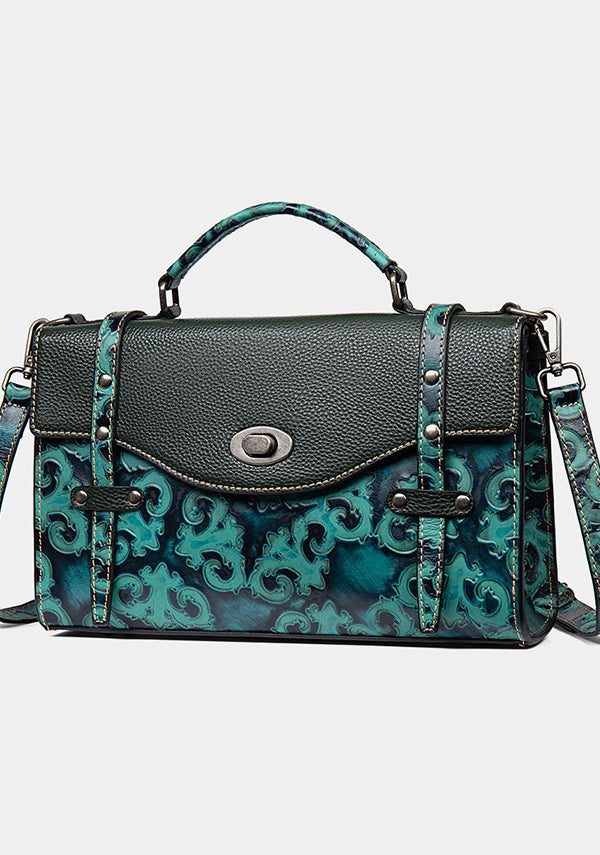 Casual Vintage Green Embossed Calf Leather Messenger Bag
