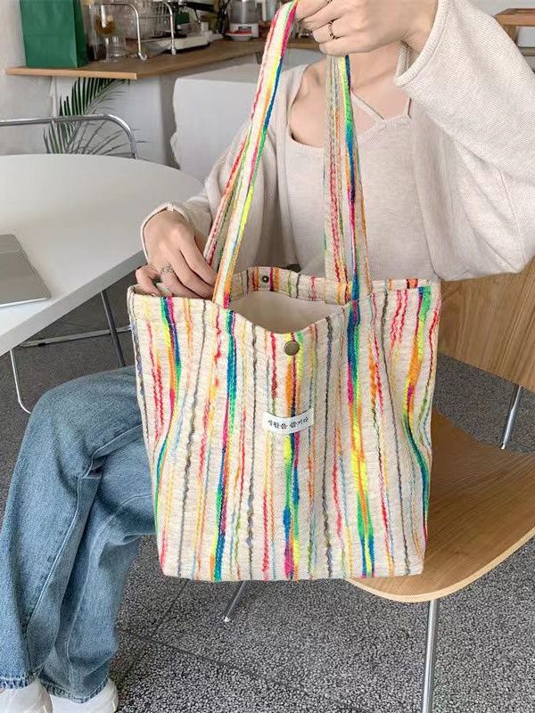 Casual White Colorful Stripes High-capacity Woolen Satchel Handbag