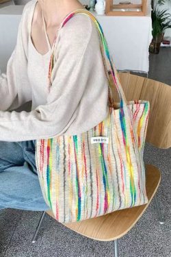 Casual White Colorful Stripes High-capacity Woolen Satchel Handbag