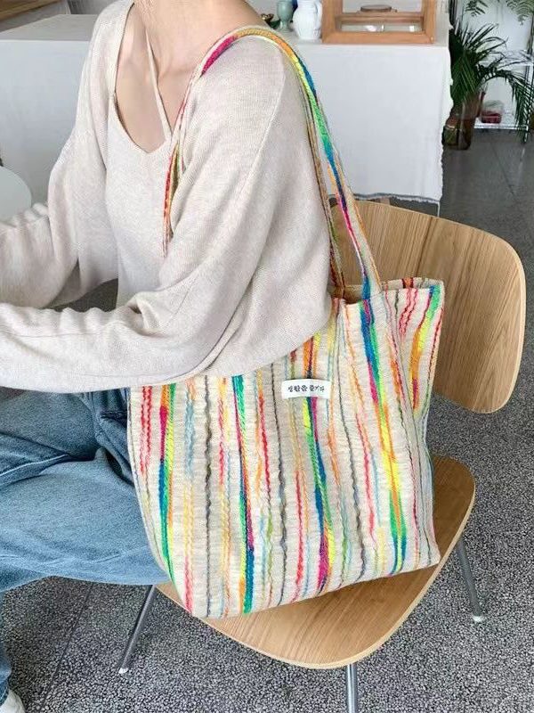 Casual White Colorful Stripes High-capacity Woolen Satchel Handbag