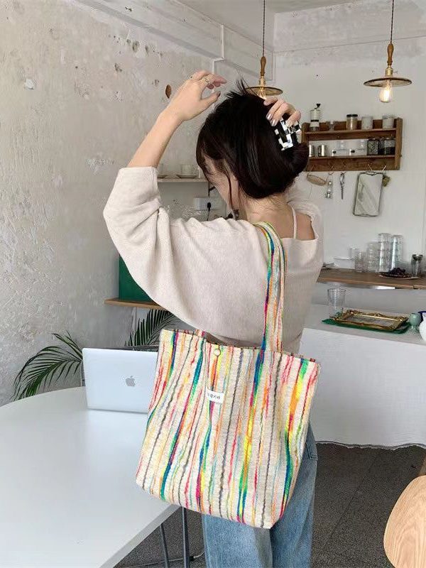 Casual White Colorful Stripes High-capacity Woolen Satchel Handbag