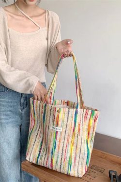 Casual White Colorful Stripes High-capacity Woolen Satchel Handbag