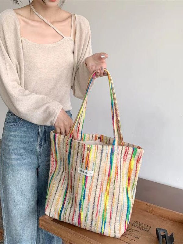 Casual White Colorful Stripes High-capacity Woolen Satchel Handbag