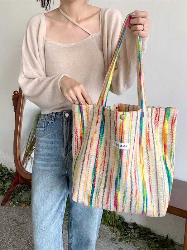 Casual White Colorful Stripes High-capacity Woolen Satchel Handbag
