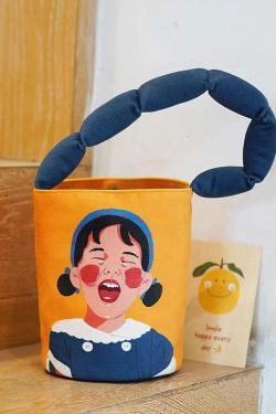 Casual Yellow Cute Girl Print Patchwork Canvas Tote Handbag