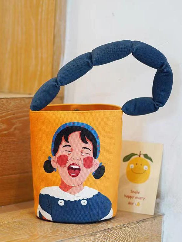 Casual Yellow Cute Girl Print Patchwork Canvas Tote Handbag