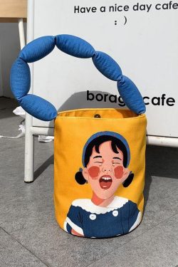 Casual Yellow Cute Girl Print Patchwork Canvas Tote Handbag