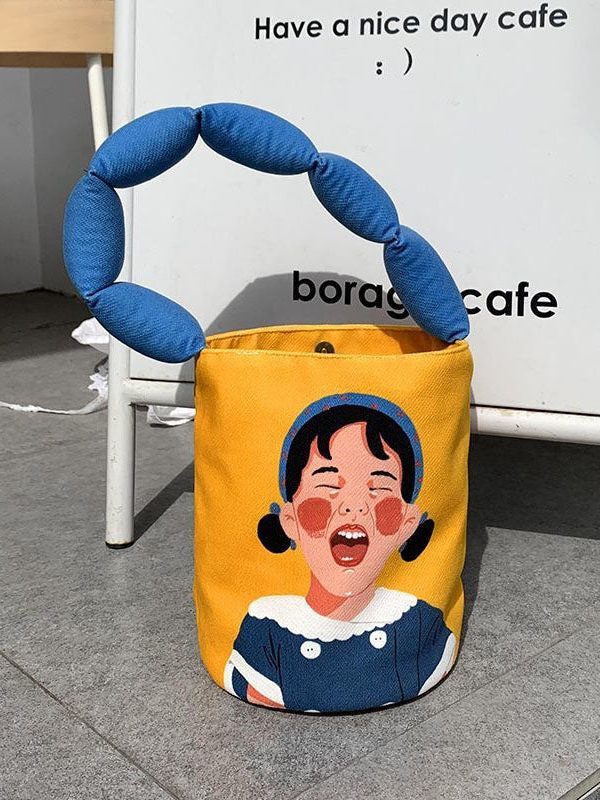 Casual Yellow Cute Girl Print Patchwork Canvas Tote Handbag