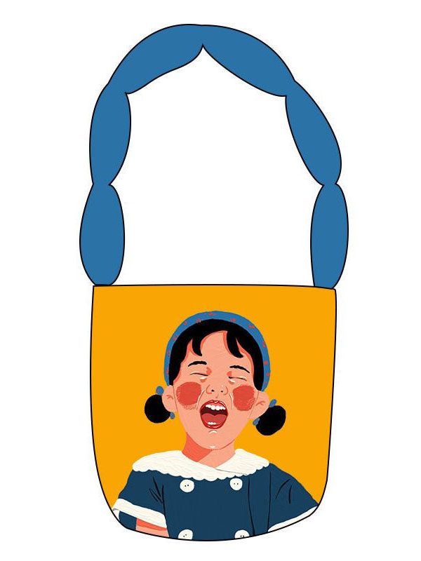 Casual Yellow Cute Girl Print Patchwork Canvas Tote Handbag