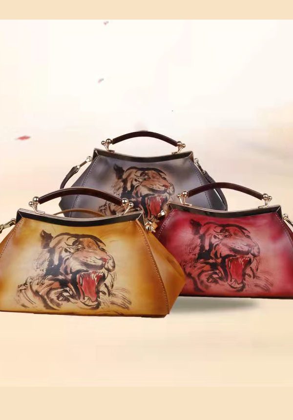 Casual Yellow Print Paitings Calf Leather Tote Handbag