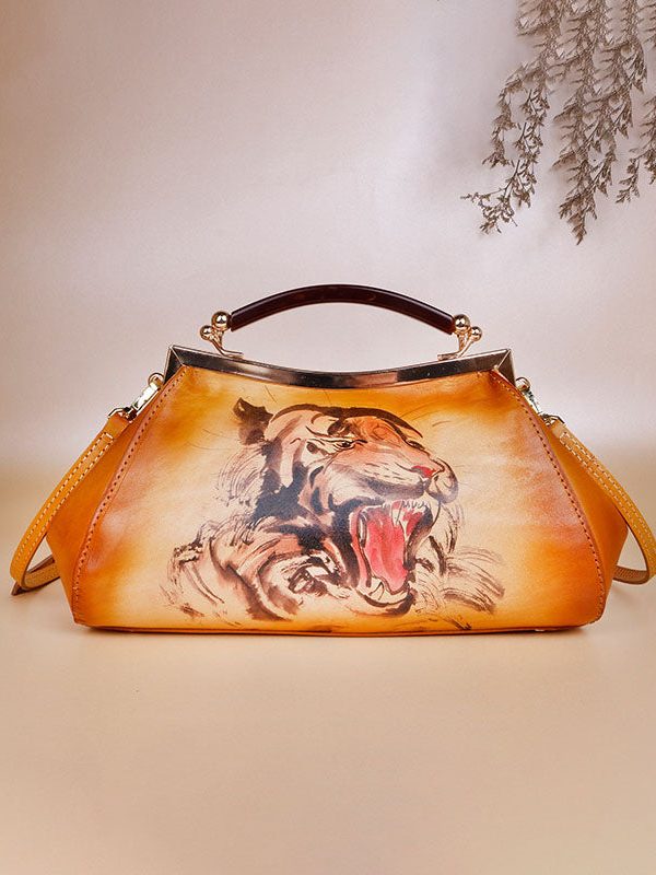 Casual Yellow Print Paitings Calf Leather Tote Handbag