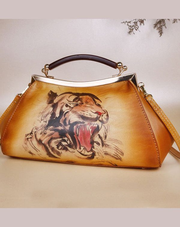 Casual Yellow Print Paitings Calf Leather Tote Handbag
