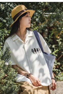 Cat Embroidered Shirt