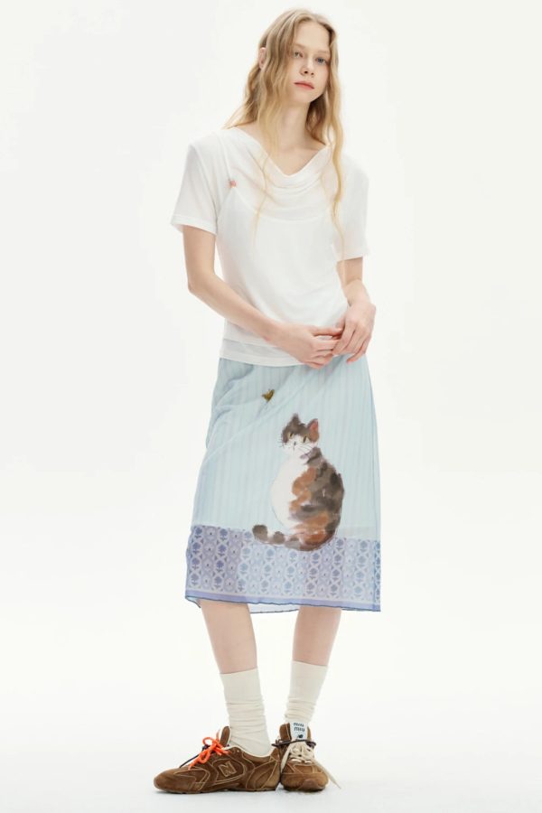 Cat Print Midi Skirt