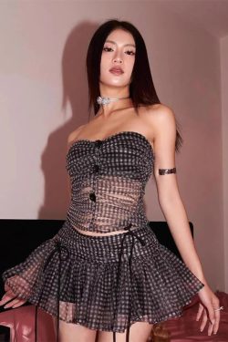 Checkered Strapless Top & Mini Skirt Two Piece Set