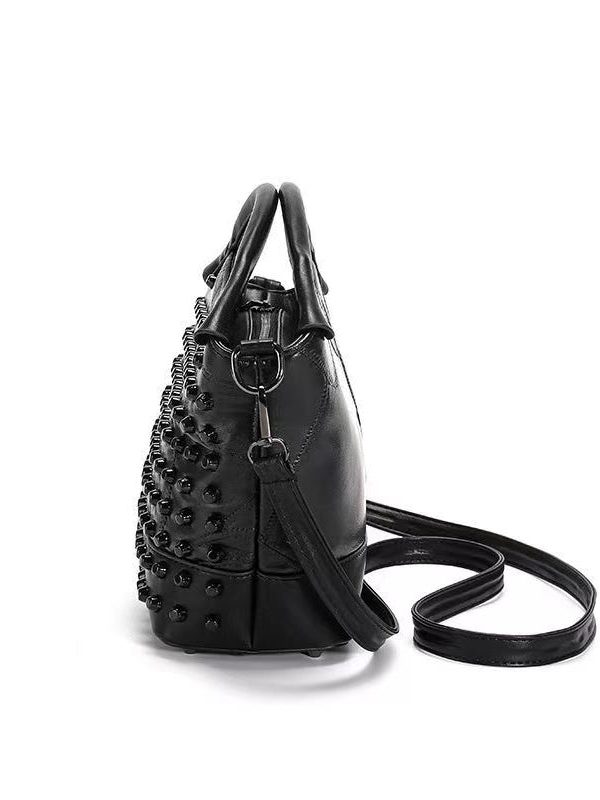Chic Black Rivet Sheepskin Satchel Handbag